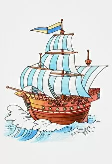 Boat Gallery: Cartoon, wooden sailing ship sailing on turbulent sea