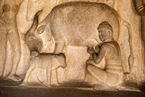 Tamil Nadu Prints: Detail of carving in Krishna Mandapa rock cut temple