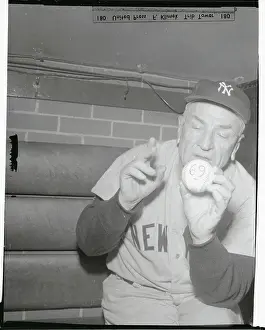 Casey Stengel Holding Ball Proclaiming His Age