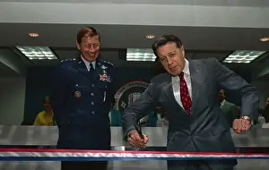 Caspar Weinberger Gesturing Before Dedicating at Space Program Ceremony
