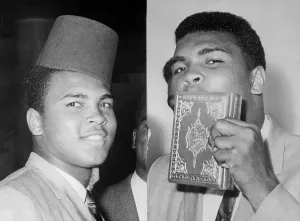 Prints of (Original Caption). World heavyweight boxing champion Cassius Clay is apparently enjoying his visit here June 4th while doing the tourist bit. At left, Clay tries on an Egyptian fez A photo tribute to the boxing legend: Cassius Clay Kissing The Koran