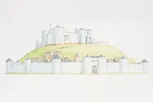 Fortified Wall Prints: Castle on mound overlooking settlement surrounded by town wall