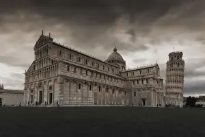 Holiday Destination Travel Destinations Prints: Cathedral and the Pisa Leaning tower in the famous Cathedral Square in the late afternoon sun