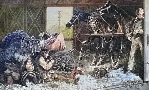 Cavalry being transported on a train, horse stable of a guard corps officer, illustrated war history, German, French war 1870-1871, Germany, France, Cavalry being transported on a train, horse stable of a guard corps officer, illustrated war history