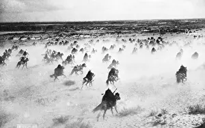 Attacking Prints: Cavalrymen On Horses Charge Into Distanc