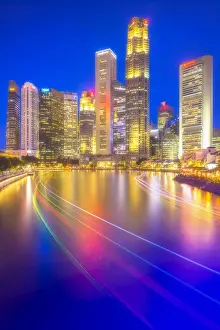 Singapore Prints: Central Business District view from Boat Quay with light trails in foreground, Singapore