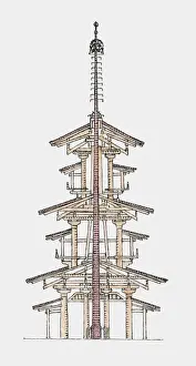 central, column, cross section, ink and brush, no people, pagoda, protection, studio shot