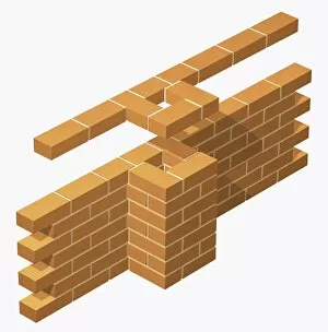Central offset pier on brick wall, built in stretcher bond bricklaying pattern