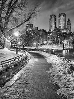 Central Park, New York, USA Gallery: Central Park Path Night Black & White