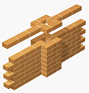 Central pier on brick wall, built in stretcher bond bricklaying pattern