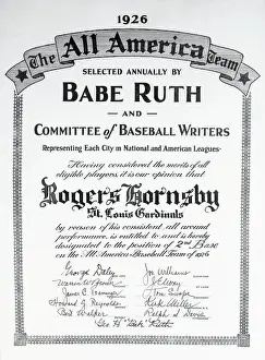 Certificate Prints: Certificate for Rogers Hornsby from Babe Ruth for All American Team Position