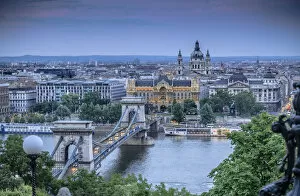 Chain bridge over river Danube, elevated view, Budapest