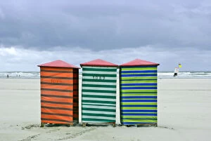 Stripe Collection: Change cabins on a deserted beach of the North Sea at end of the holiday season, Juist