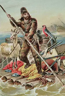 Character from Robinson Crusoe Riding on Raft