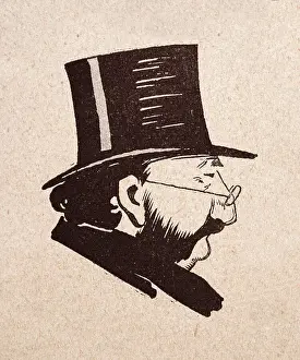 Character sketch of mature man wearing top hat and eyeglasses, sideburns moustache, French 1890s, 19th Century