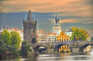 Images Dated 7th October 2009: Charles Bridge and Powder Tower at dusk, Prague