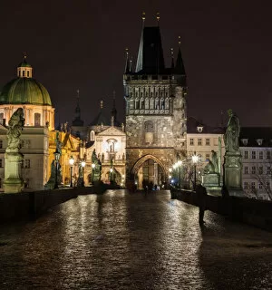 Images Dated 19th March 2015: Charles Bridge on a rainy night in Prague