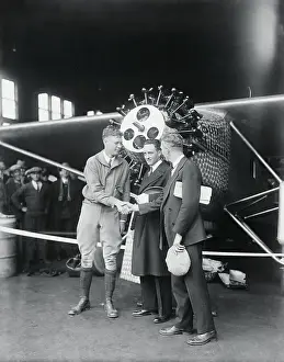 Byrd Prints: Charles Lindbergh Posing With Two Entries for Transatlantic Race