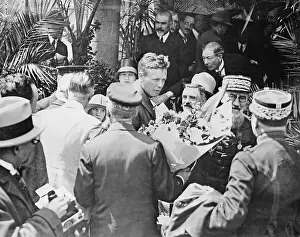 Charles Lindbergh Being Presented Bouquet for Transatlantic Flight