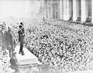 Prints of Charlie Chaplin addressing crowds via magaphone on the steps of the Sub-Treasury Building New York during the World War I Third Liberty Loan Rally in 1917 Master of Mime, Icon of Cinema: Chaplin in Prints: Charlie Chaplin Addressing Crowd