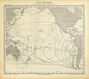 Chart of Weather Patterns in the Pacific Ocean in January and February, German Antique Victorian Engraving, 1896