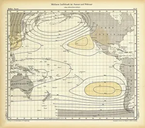 Chart of Weather Patterns in the Pacific Ocean in January and February, German Antique Victorian Engraving, 1896