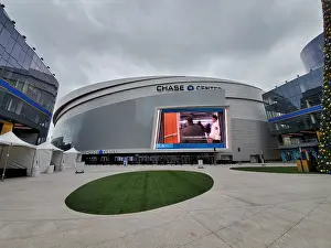 Prints of Facade with sign at Chase Center, the new home of the Golden State Warriors NBA basketball team in the Mission Bay neighborhood of San Francisco, California, December 5, 2019 Courtside Vibes: Stunning Basketball Prints: Chase Center