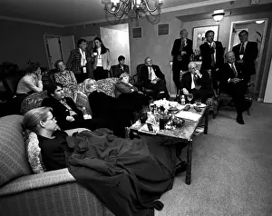Prints of AUSTIN -- NOVEMBER 7: Vice Presidential candidate Dick Cheney with his family and friends monitor election returns in his hotel suite at the Four Season in Austin, Texas on November 7, 2000 Cheney Uncovered: Political Portraits: Cheney Watches Election Returns