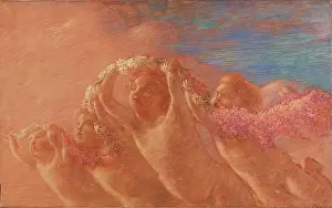 Allegory Prints: Cherubs, by Previati Gaetano, 20th Century, 1908, oil on canvas, cm 70 x 115