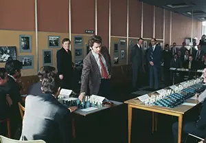 Prints of Russian chess grandmaster Boris Spassky simultaneously competes against 41 challengers in a tournament in New York on February 8th, 1974. (Photo by UPI/Bettmann Archive/Getty Images) Timeless Moves: A Visual Journey Through Chess History: Chess Grandmaster Bobby Spassky