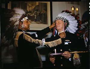 Chester W Prints: Chester Nimitz Receiving Native Headdress