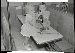 Ice Cream Prints: Two Children Eating Enormous Ice Cream Sundae