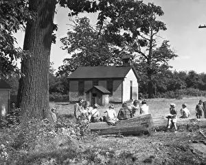 Lunch Prints: Children Eating Lunch Outside School House