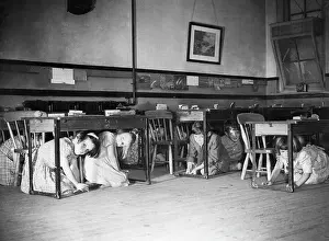 Classroom Prints: Children Kneel Under Desks During Air Raid Drill