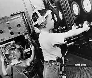 Retrofuturism Prints: Children Operating a Flight Simulator