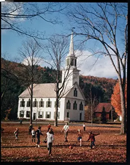 Vermont Prints: Children Playing Across from Church