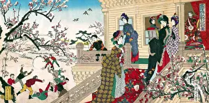 Carpet Prints: Children Playing in the Snow under Plum Trees in Bloom