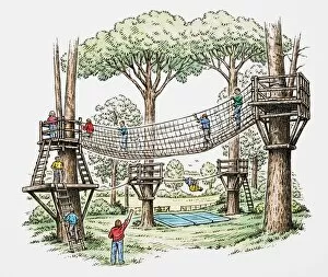Children on rope bridge and climbing along rope