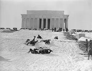 Children Sledding Down the Stairs of the Lincoln Memorial