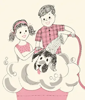 Pet Equipment Prints: Two Children Washing a Dog