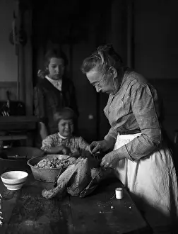 Kitchen Prints: Children Watch Woman Prepare Turkey