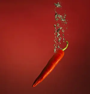 Prints of a chili splashed into water, creating bubbles, on red backdrop Stone Prints: chilli splashed into water