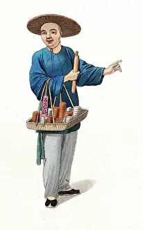 Ethnic Prints: A Chinese apothecary carrying a basket of various remedies