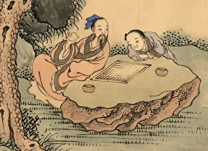 Oriental Style Woodblock Art Collection: Chinese Mahjong players