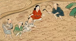 Chinese peasants gathering rice
