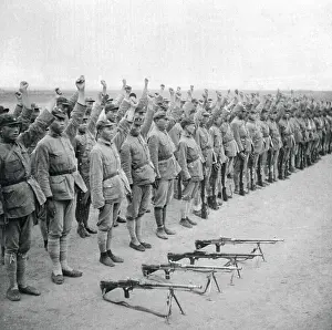 Chinese Soldiers with Arms Raised