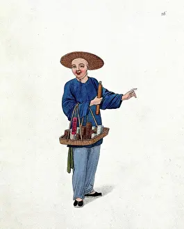 A Chinese Street Vendor Selling Incense Sticks and Incense Powder, c. 1810, China, Historic, digitally restored reproduction from a 19th century original