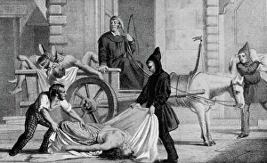 5 People Prints: Cholera in Palermo, 1835. Men in uniform pick up a corpse in the street and place it on a cart