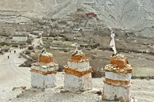Three chorten, Tibetan religious buildings, near the village of Geling, Upper Mustang, Lo, Nepal