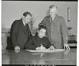George C Prints: Chou En Lai Signing Cease Fire Agreement